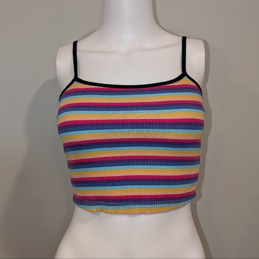 SHEIN Y2K Multicolor Rainbow Striped Ribbed Strappy Crop Top Size Small